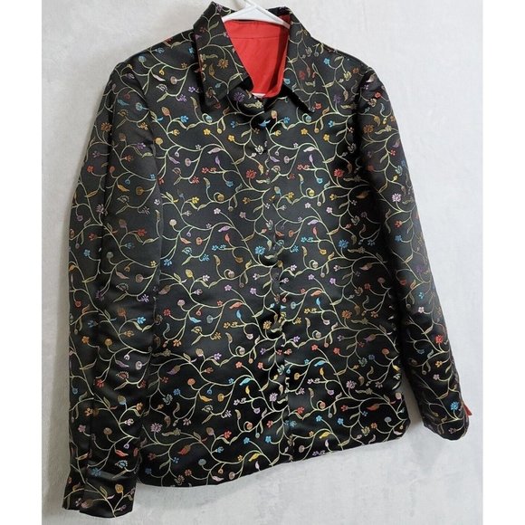 Robert Louis Lined Black Metallic Floral Silk Blend Open Front Jacket Size M/L - Picture 2 of 16